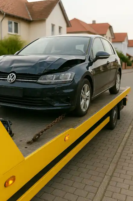 Ein defektes Auto, das für den Autoankauf in Bad Hersfeld sicher abgeschleppt wird.